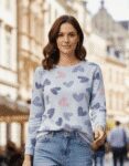Luxury Heart-Print Blue Velvet Sweatshirt – Women’s Cozy Oversized Pullover