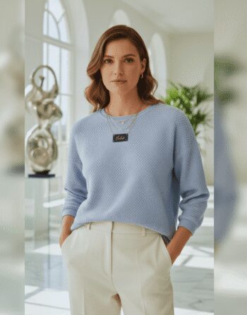 Premium Pale Blue Waffle-Knit Sweater – Elegant Women’s Long Sleeve Top for Luxury Loungewear & Professional Style