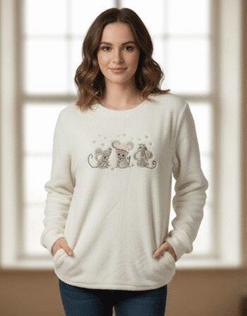 Luxury Lambswool Mouse-Embroidery Fleece Sweatshirt – Ultra-Soft Cozy Pullover with Pockets
