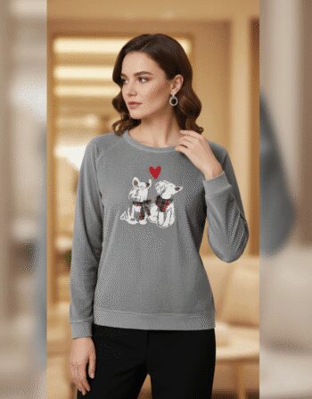 Luxury Women’s Velvet Sweatshirt - Grey Dog Graphic