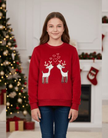 Embroidered Red Reindeer Heart Sweatshirt Sweater | Cozy Holiday Knit for Tweens