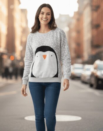 Women’s Grey Penguin Fleece Sweatshirt | Cozy Polka Dot Pullover