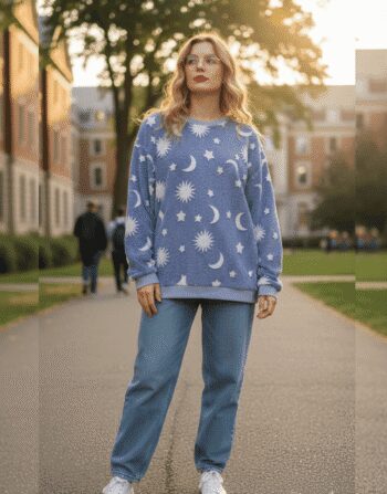 Celestial Sun & Moon Oversized Blue Fleece Sweatshirt