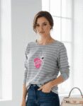 Women’s Luxury Merino Wool Striped Sweatshirt – Grey & White "XOXO" Graphic