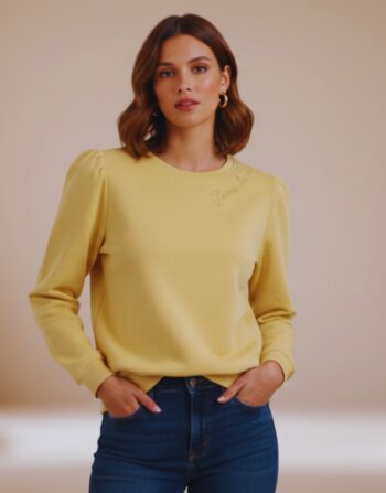 Luxury Mustard Puff-Sleeve Sweatshirt | Premium Cotton Knit