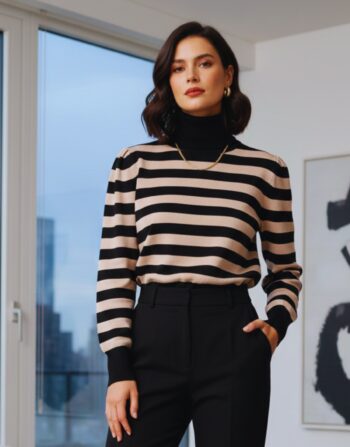 Women’s Luxury Striped Puff-Sleeve Sweater